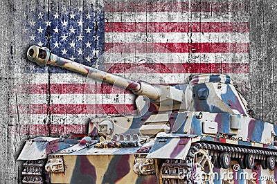 Military tank with concrete United States flag Stock Photo