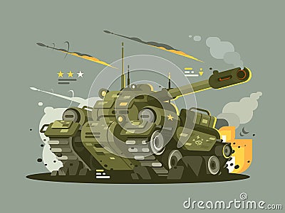 Military tank in fire Vector Illustration