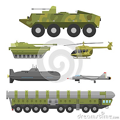 Military technic army war transport fighting industry technic armor defense vector collection Vector Illustration