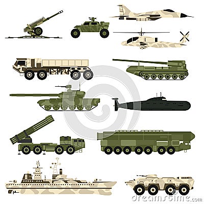 Military technic icon set and armor tanks flat vector illustration. Vector Illustration