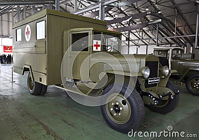 The military-technical festival `the Motors of Victory` in the Park `Sokolniki`. ZIS-44 ambulance truck, it was used during th Editorial Stock Photo