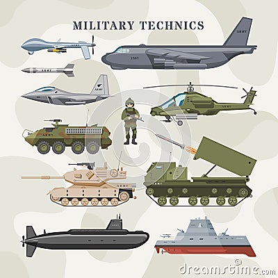 Military technics vector army transport plane and armored tank or helicopter illustration technical set of armored Vector Illustration