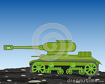 Military technology tank goes on dirt and stone Vector Illustration