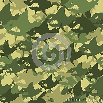 Military texture shark. Soldiers protective camouflage fish. Sea Vector Illustration