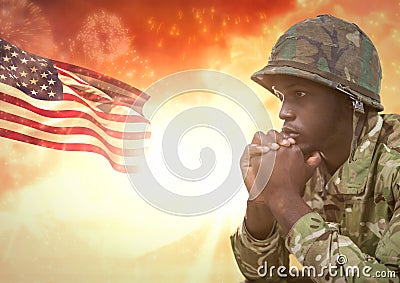 Military thinking against sunset and american flag Stock Photo