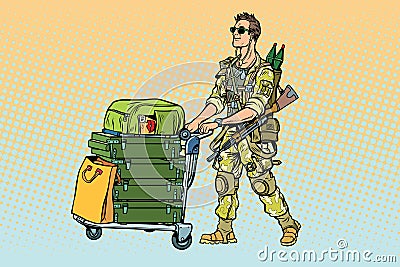 Military tourism, the mercenary with a Luggage Vector Illustration