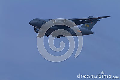 Military transport aircrafts landing aerobatic team in the sky during air show Chinese Air Force Editorial Stock Photo