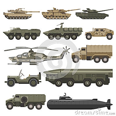 Military transport and army wartime machines vector isolated icons set Vector Illustration