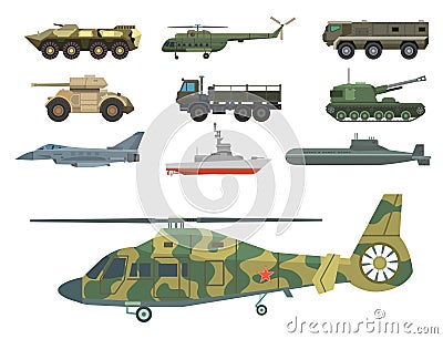 Military transport vector vehicle technic army war tanks and industry armor defense transportation weapon illustration. Vector Illustration