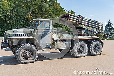 Military truck with rocket launch system. Multiple launch rocket system GRAD. Soviet and Russian multiple launch rocket Editorial Stock Photo