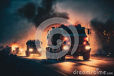 Military trucks attacked by explosions: a captivating image, Generative AI Stock Photo