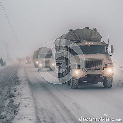 Military truck traveling in fog Stock Photo