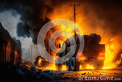 Military trucks transport explode after a drone attack, Generative AI Stock Photo