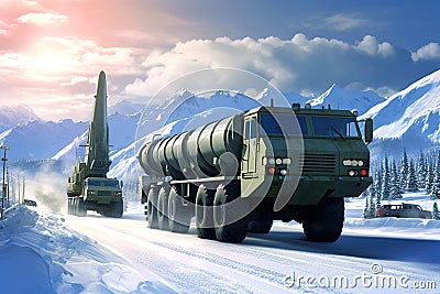 Military trucks transporting nuclear missile through snowy mountains Stock Photo