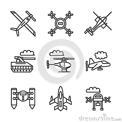 Military unmanned vehicles flat line icons Vector Illustration