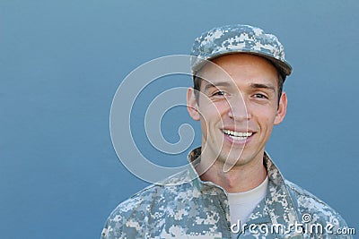 Military Veteran Isolated on Blue Background Stock Photo