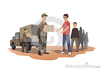 Military or volunteers distribute boxes with humanitarian aid. The distribution of food and basic necessities. Vector Vector Illustration