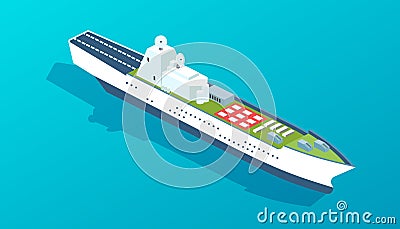 Military warship with military training ground, landing strip for aircraft. Vector Illustration
