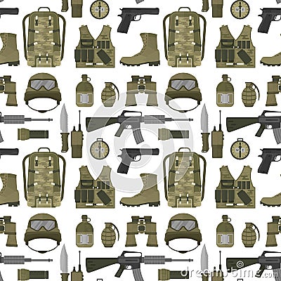 Military weapon guns armor forces american fighter ammunition camouflage seamless pattern background vector illustration Vector Illustration