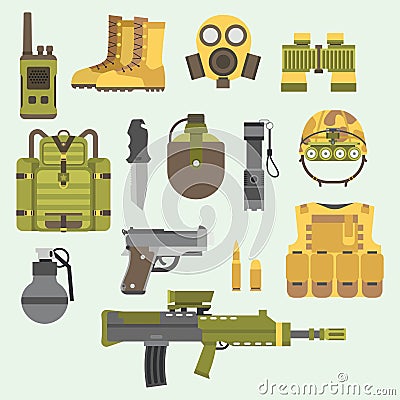 Military weapon guns armor forces american fighter ammunition camouflage sign vector illustration. Vector Illustration