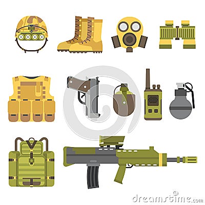 Military weapon guns armor forces american fighter ammunition camouflage sign vector illustration. Vector Illustration