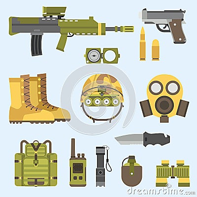 Military weapon guns armor forces american fighter ammunition camouflage sign vector illustration. Vector Illustration