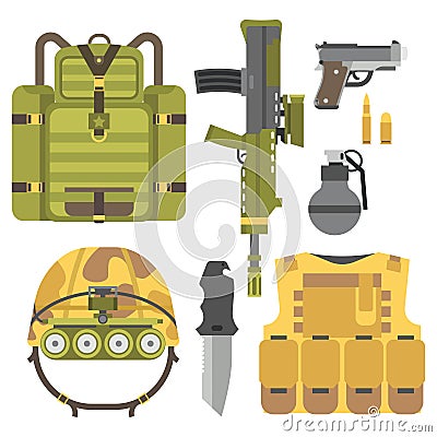 Military weapon guns armor forces american fighter ammunition camouflage sign vector illustration. Vector Illustration