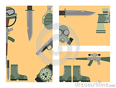 Military weapon guns symbols armor cards forces design and american fighter ammunition navy camouflage sign vector Vector Illustration