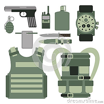 Military weapon guns symbols armor set forces design and american fighter ammunition navy camouflage sign vector Vector Illustration
