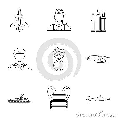 Military weapons icons set, outline style Vector Illustration