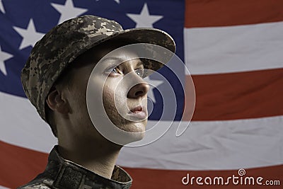 Military woman in front of US flag, vertical Military woman in front of US flag, horizontal Stock Photo