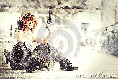 Military woman soldier with gun at war. Sitting with rain Stock Photo