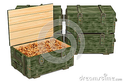 Military wooden ammunition boxes with rifle bullets, 3D rendering Stock Photo