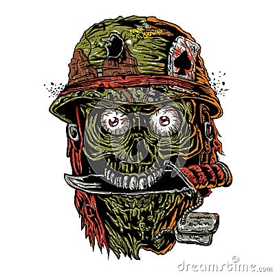 Military zombie with knife in mouth Vector Illustration