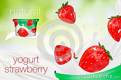 Milk ad or 3d strawberry yogurt flavour promotion. milk splash with fruits on green nature background. instant Vector Illustration