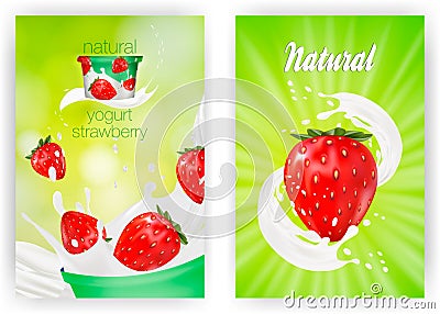 Milk ad or 3d strawberry yogurt flavour promotion set. milk splash with fruits isolated on green nature background Vector Illustration