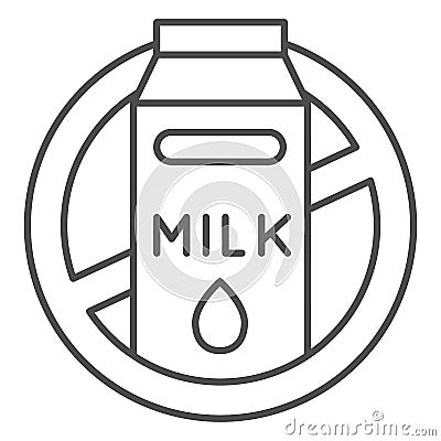 Milk allergy thin line icon, Allergy concept, lactose intolerance allergy warning sign on white background, No milk and Vector Illustration