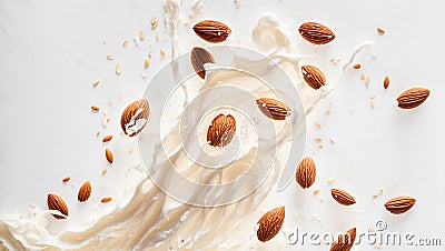 milk, almonds, splash nutrition drink protein vitamins concept natural breakfast Stock Photo