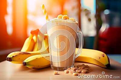 Milk banana shake. Fresh with banana. Cocktail with banana. AI generated Stock Photo