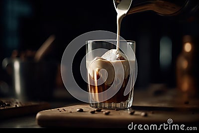 milk being poured in ised coffee created by generative AI Stock Photo