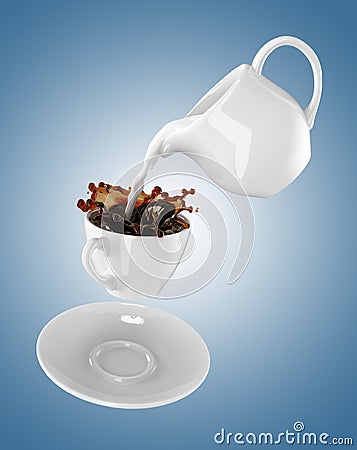 Milk being poured into small cup of coffee. 3d Stock Photo