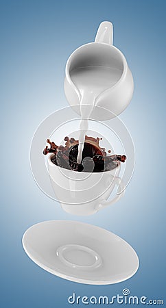 Milk being poured into small cup of coffee. 3d Stock Photo