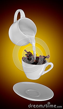 Milk being poured into small cup of coffee. 3d Stock Photo