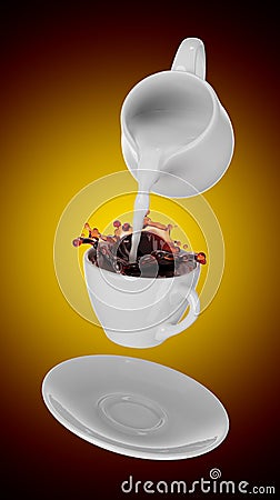 Milk being poured into small cup of coffee. 3d Stock Photo