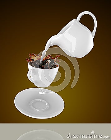 Milk being poured into small cup of coffee. 3d Stock Photo