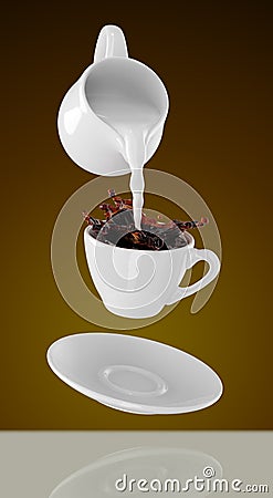 Milk being poured into small cup of coffee. 3d Stock Photo