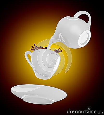 Milk being poured into small cup of coffee. 3d Stock Photo