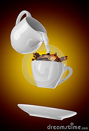 Milk being poured into small cup of coffee. 3d Stock Photo