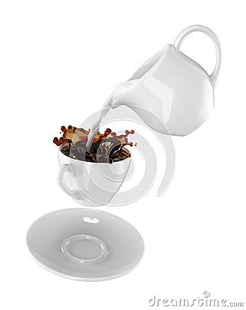 Milk being poured into small cup of coffee. Isolated white background Stock Photo