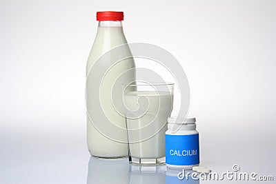 Milk Bottle and Calcium Pills Stock Photo